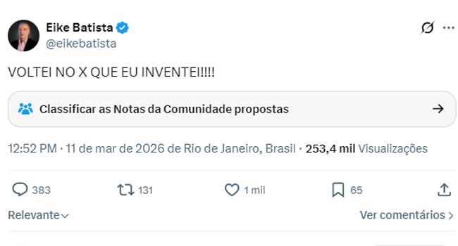 Eike Batista volta ao X (X/Reprodução)