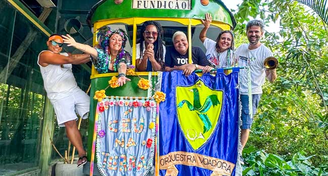 MC Gut (Estudeofunk), Bianca Leão (Céu na Terra), Eduardo Santana (Fundição Jazz), Luana Sorriso (SIBC), Mari Borgerth (Céu na terra) e Tiago Rodrigues (Orquestra Voadora) (Foto: Iago Damasceño)