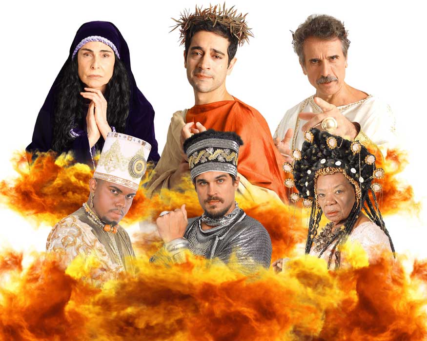 Miguel Rômulo no papel de Jesus, Silvia Pfeifer como Maria, Eriberto Leão interpretando Pilatos, Felipe Roque como Caifás, Neusa Borges no papel de Herodiades e Rodrigo Silva como Herode - Paixão de Cristo (Divulgação)